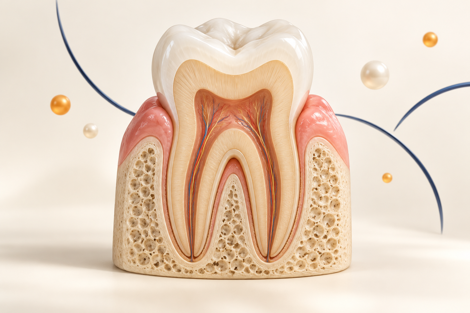 Illustrative cutaway of a tooth, gum and supporting bone