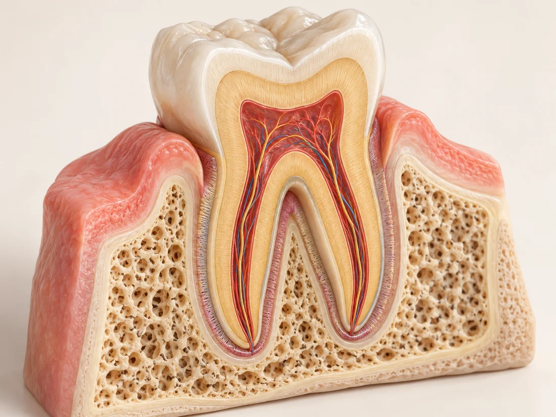 Illustrative cutaway of a tooth, gum and supporting bone